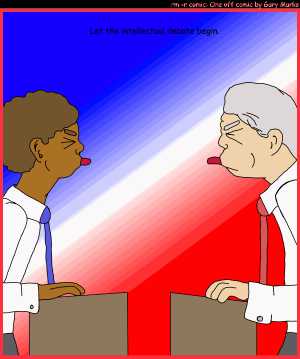 Remove R Comic (aka rm -r comic), by Gary Marks:Proud voter 
Dialog: 
Panel 1 
Caption: Let the intellectual debate begin.