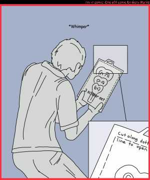 Remove R Comic (aka rm -r comic), by Gary Marks:Cutting edge 
Dialog: 
Panel 1 
Sound effect: *Whimper* 
Package: 3 scissor set 
Panel 2 
Package: Cut along dotted line to open 
Package: Cut along dott line to open 