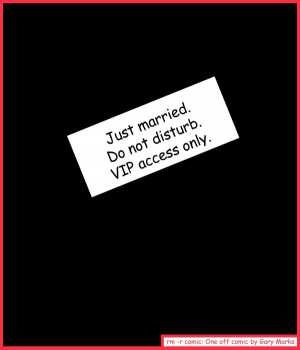 Remove R Comic (aka rm -r comic), by Gary Marks:Knock'n 
Dialog: 
Uh they're.. not ready.. they need.. five more minutes. 
 
Panel 1 
Caption: Just married. Do not disturb. VIP access only. 
