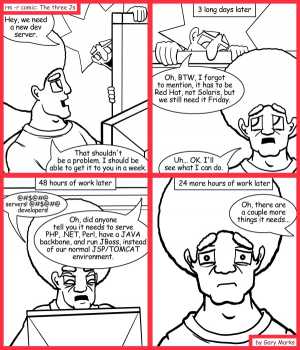 Remove R Comic (aka rm -r comic), by Gary Marks:Well defined 
Dialog: 
Oh shoot, I meant Windows, not Red Hat. 
 
Panel 1 
Jacob: Hey, we need a new dev server. 
Jase: That shouldn't be a problem. I should be able to get it to you in a week. 
Panel 2 
Caption: 3 long days later 
Jacob: Oh, BTW, I forgot to mention, it has to be Red Hat, not Solaris, but we still need it Friday. 
Jase: Uh... OK. I'll see what I can do. 
Panel 3 
Caption: 48 hours of work later 
Jase: @#$@#@ servers! @#$@#@ developers! 
Jacob: Oh, did anyone tell you it needs to serve PHP, .NET, Perl, have a JAVA backbone, and run JBoss, instead of our normal JSP/TOMCAT environment. 
Panel 4 
Caption: 24 more hours of work later 
Jacob: Oh, there are a couple more things it needs... 
