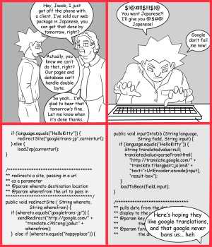 Remove R Comic (aka rm -r comic), by Gary Marks:Konnichiwa nihongo 
Dialog: 
Panel 1 
Jackeroo: Hey, Jacob, I just got off the phone with a client, I've sold our web package in Japanese, you can get that done by tomorrow, right? 
Jacob: Actually, you know we can't do that, right? Our pages and database can't handle double byte. 
Jackeroo: So yeah... I'm glad to hear that tomorrow's fine. Let me know when it's done thanks. 
Panel 2 
Jacob: $!@#!!$!!!$!@ You want Japanese?! I'll give you @!$#@! Japanese! Google don't fail me now! 
Panel 3 
Screen: if (language.equals("HelloKitty")) { redirectSite("googletrans-jp",currenturl); } else { loadJsp(currenturl); } 
/****************************** 
** redirects a site, passing in a url 
** as a parameter 
** @param whereto destination location 
** @param wherefrom the url to pass in 
*******************************/ 
public void redirectSite (String whereto, 
String wherefrom) { 
if (whereto.equals("googletrans-jp")){ 
sendRedirect("http://google.com/"+ 
"translate.c?hl=eng|ja&u="+ 
wherefrom); 
} else if (whereto.equals("happyplace")){ 
Panel 4 
Screen: public void inputIntoDb(String language, 
String field, String input) { 
if (language.equals("HelloKitty")) { 
String translatedvalue=null; 
translatedvalue=parseFromHtml( 
"http://translate.google.com/"+ 
"translate.t?langpair=ja|en&" +  
"text="+UrlEncoder.encode(input), 
"result-box"); 
} 
loadToBean(field,input); 
} 
Jacob: Here's hoping they like google translations, and that google never bans us... heh 