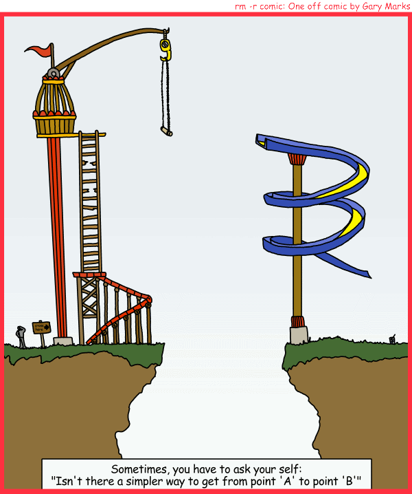 Remove R Comic (aka rm -r comic), by Gary Marks: Simple solution 
Dialog: 
Panel 1 
Caption: Sometimesd, you have to ask yourself: "Isn't there a simpler way to get from point 'A' to point 'B'" 
Sign: cross here 
