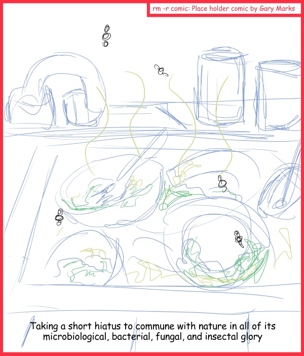 Remove R Comic (aka rm -r comic), by Gary Marks: 2012 Hiatus 1 of 6 
Dialog: 
Mmmmm I think that oatmeal might still be good. 
 
Panel 1 
Caption: Taking a short hiatus to commune with nature in all of its microbiological, bacterial, fungal, and insectal glory